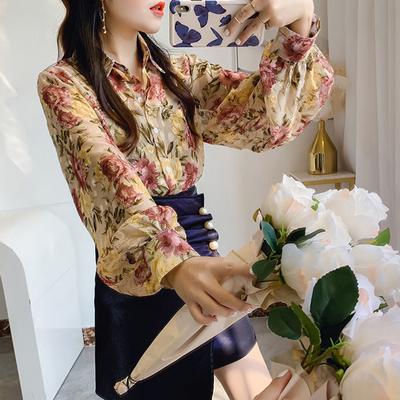 Autumn Women's Clothing Button Chiffon Turn-down Collar Tops Graceful Flower Print Lantern Sleeve Casual Open Stitch Shirts