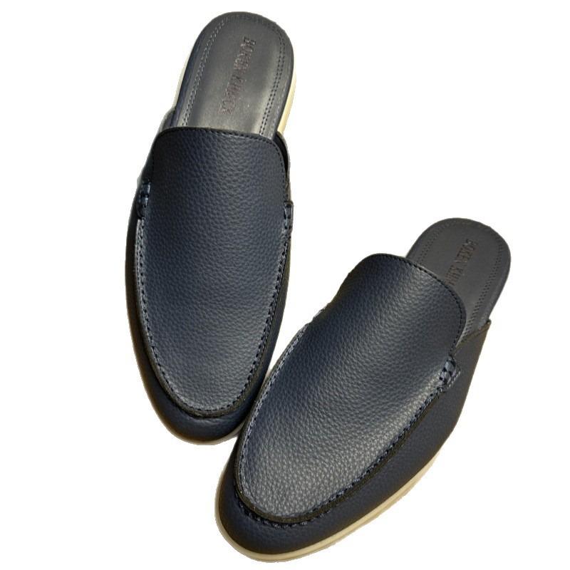 New lychee pattern cowhide leather men's shoes flat-bottomed bag head slippers men's flat-bottomed outer wear one and a half slippers