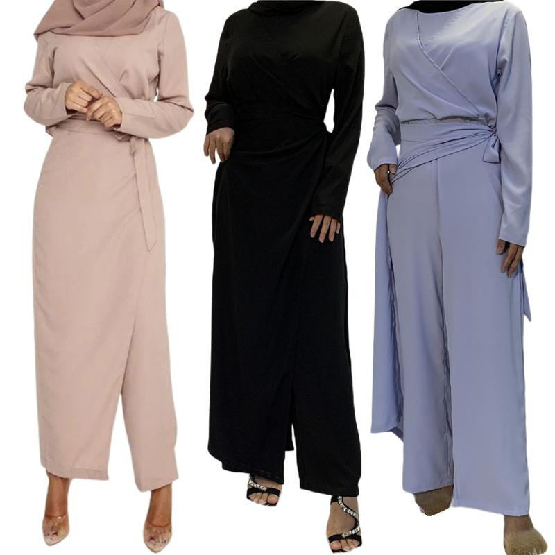 Muslimische Damenmode für Frische Einfarbige Overalls Kleider Abaya Dubai Türkei Islam Schnürung Hoher Bund Kleidung Langarm