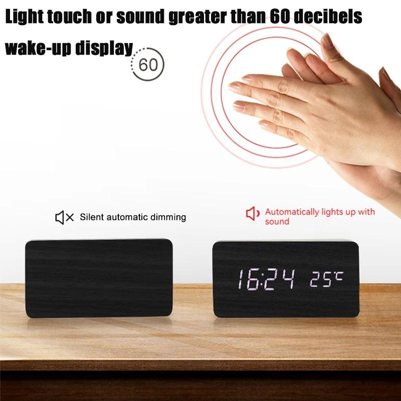 Wooden Square LED Smart Alarm Clocks for Bedrooms Digital Bedside Clock with Temperature Voice Control Desktop Clock