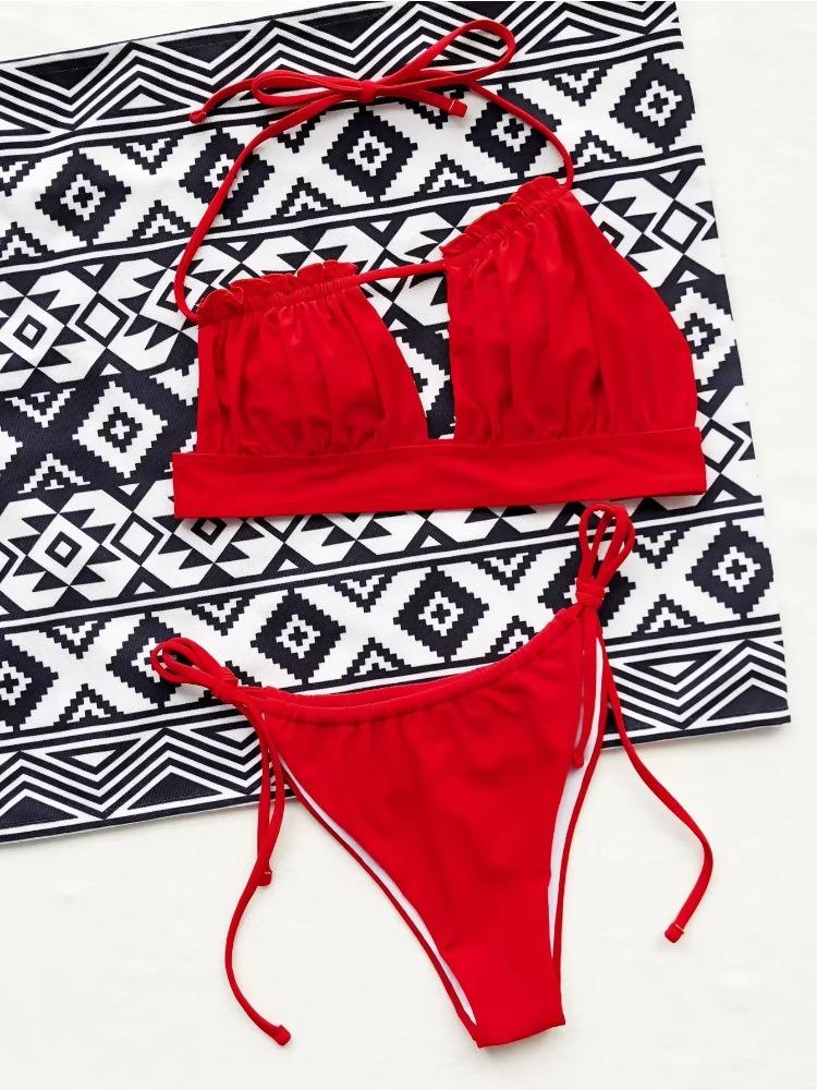 Bikini Sexy Red Swimwear Swimsuit Women Hollow Pleated Backless Halterneck Bikinis Set Bathing Suit Beach Bikini Female New