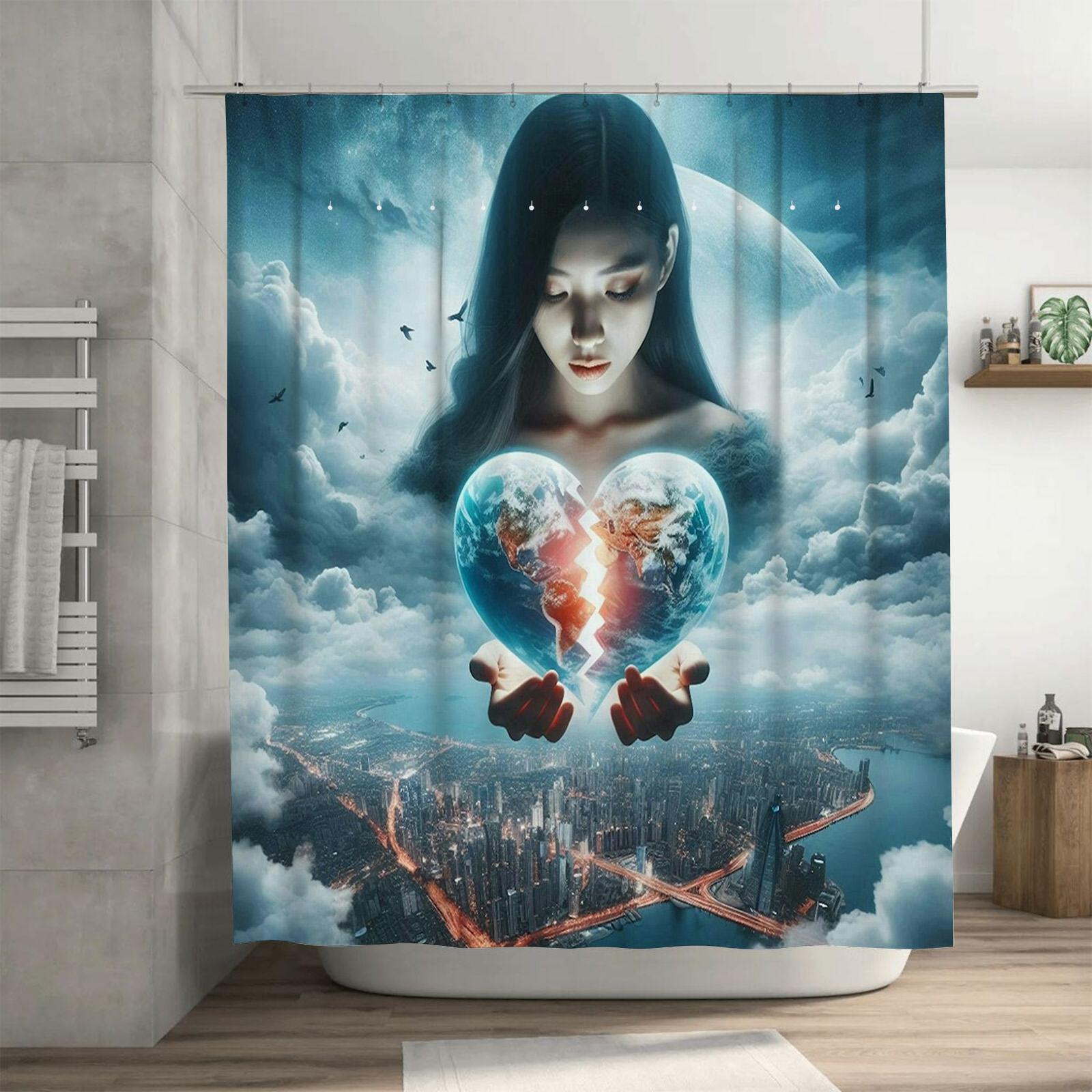 Mystical Woman Heart-Shaped Earth Shower Curtain - Waterproof, Mildew-Resistant, Machine Washable for Fantasy Bathroom Decor 90X180cm(35x70in)
