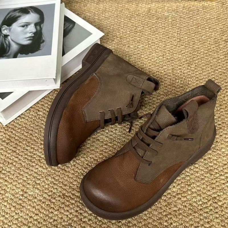 Leather Boots, Women's Retro Shoes, Casual Short Boots, and Cotton Boots on One Foot