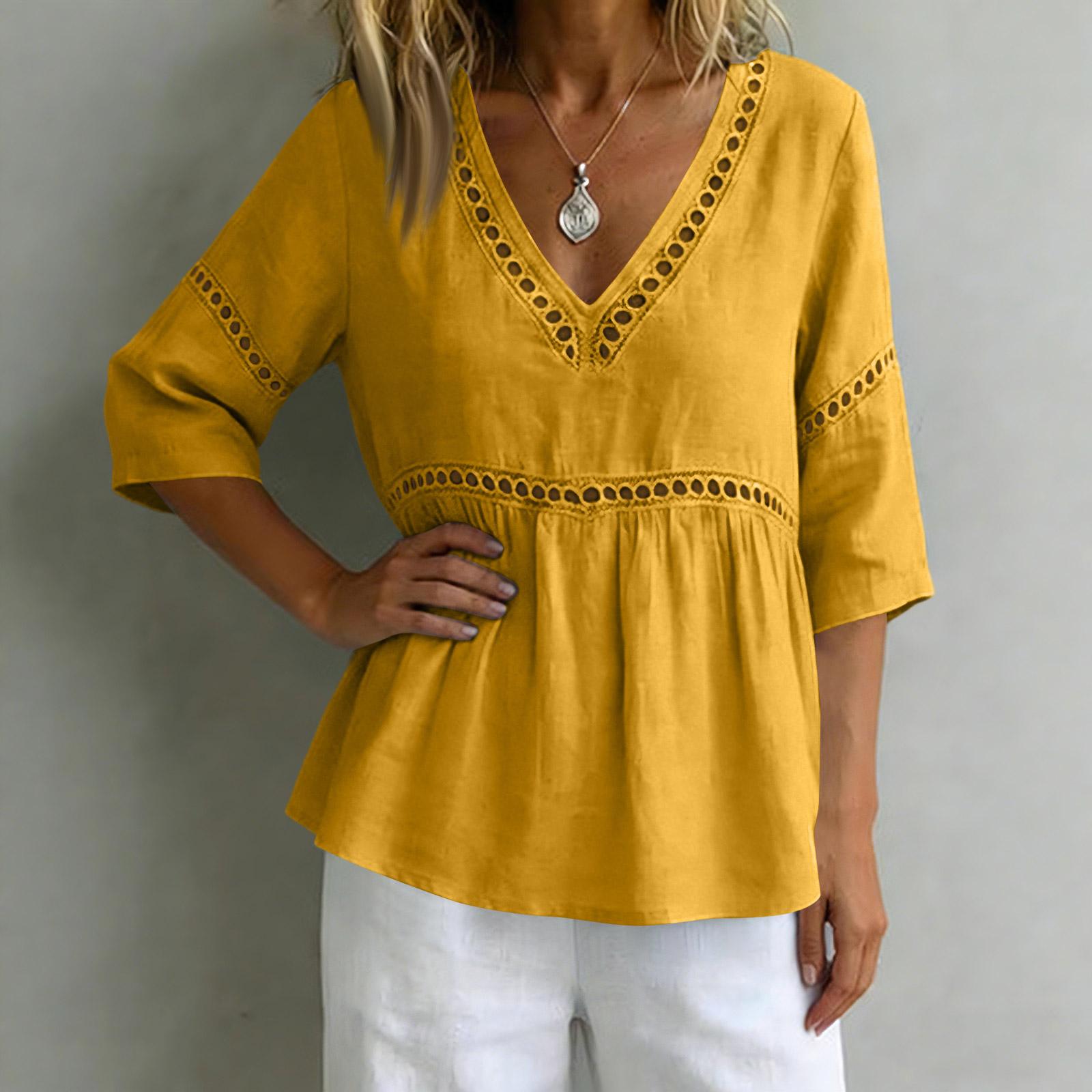 

Ladies Fashionable Casual V-neck Mid Sleeve Women s Top Shirt XL жовтий
