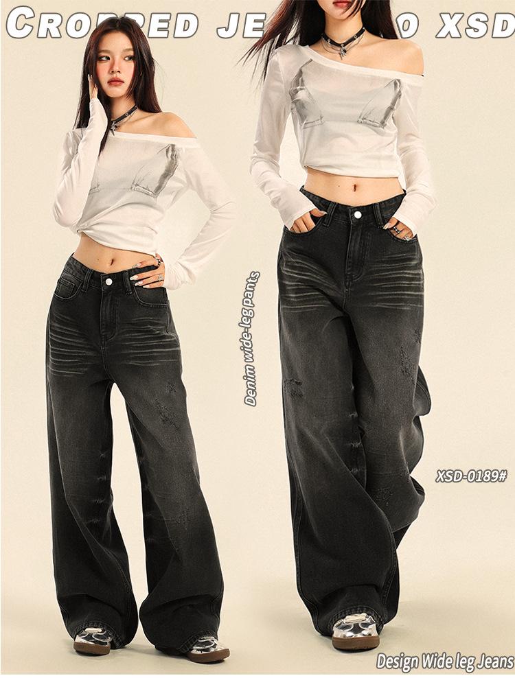 Women's High-Waist Black & Gray Wide-Leg Jeans - Autumn 2024