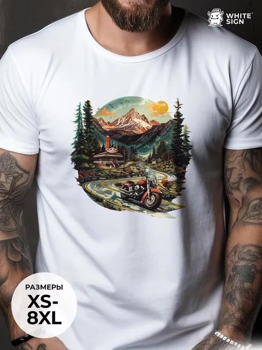 Oversized summer T-shirt with  Bike and Mountains  print 2XL