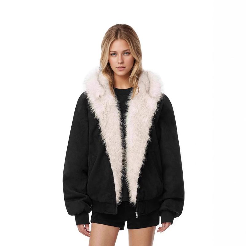 Faux Suede Fur Collar Hooded Coat Men Women Couple Thick Fashion Commute Outerwear