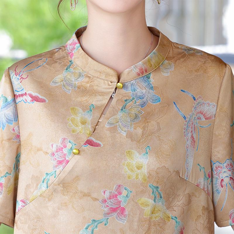 Chinese Style Summer Set for Middle-Aged and Elderly Women: Short-Sleeved Qipao Top & Pants Two-Piece