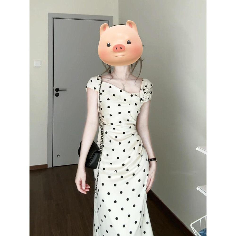 Summer Spring Popular French White Polka Dot Three-dimensional Flower Dress Pinch Pleats Waist Thin Temperament Long Skirt