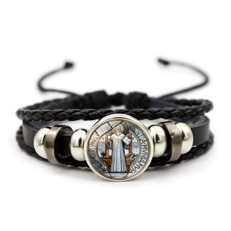 Vintage Punk Multilayer Beaded Braided Rope Leather Bracelet With Saint Benedict Medal Charm
