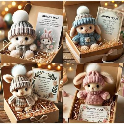 Mini Bunny Hug Cute Easter Gift, Easter Plush Bunny with Knitted Hat and Pom Pom, Soft Pocket Emotional Support Rabbit with Gift Box Card