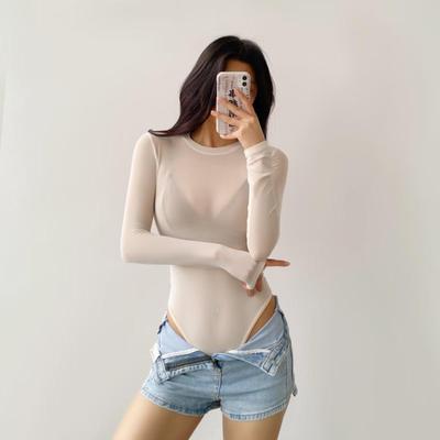 YPFF Damen Trendiger Netz-Body - Spicy Girl Stil Rundhalsausschnitt, Langarm, Durchsichtig, Dehnbar, Schlankmachendes Sexy Top.