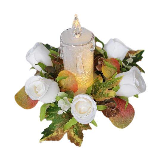 Artificial Rose Candle Ring Fake Rose Wreath with Maple Leaves Pillar Candle Wreath Table Centerpieces for Home Candlelight Dinner Wedding Party Decor