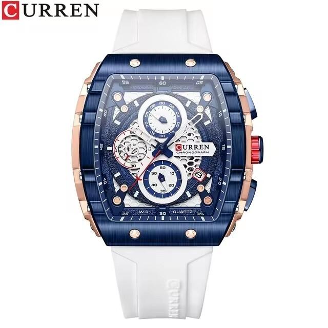 Curren 8442 Luxury Bussiness Chronograph Men's Tonneau Watches Silicone Band Casual Wristwatch Big Dial Quartz Clock