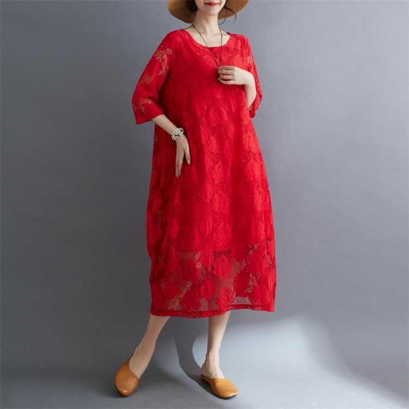 Summer Ethnic Style Lace Vintage Loose Dress Women Print Solid Color Round Neck Patchwork Pocket Long Sleeved Casual Versatile Dresses