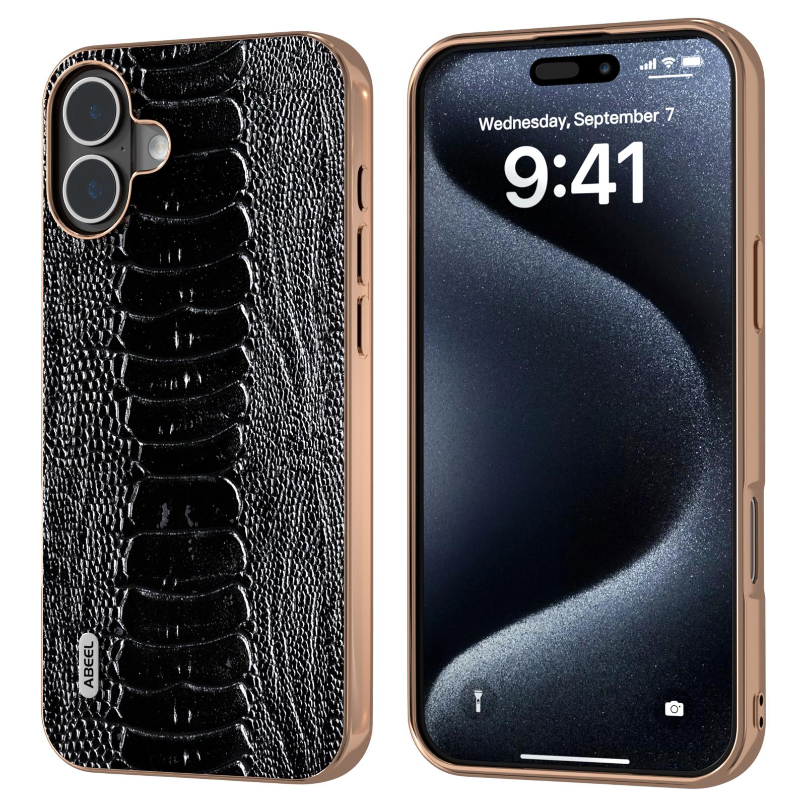 ABEEL For iPhone 16 Plus Case Electroplating Edge Crocodile Texture Genuine Cow Leather+TPU+PC Phone Cover A