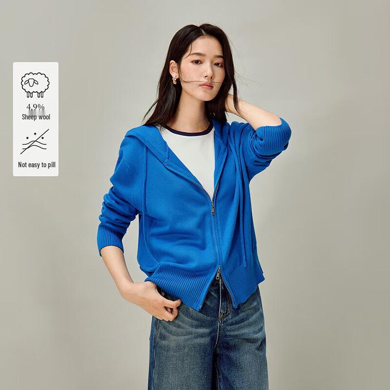 

INMAN Women s Klein Blue Hooded Double-Zip Knit Cardigan L