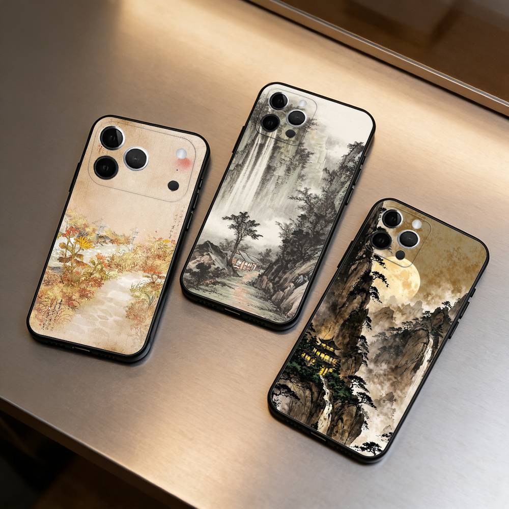 C-Chinese S-Style A-Art Soft Silicone Black Cover,Phone Case For iPhone 17,16,15,14,13,12,11 Plus,Pro Max,XS