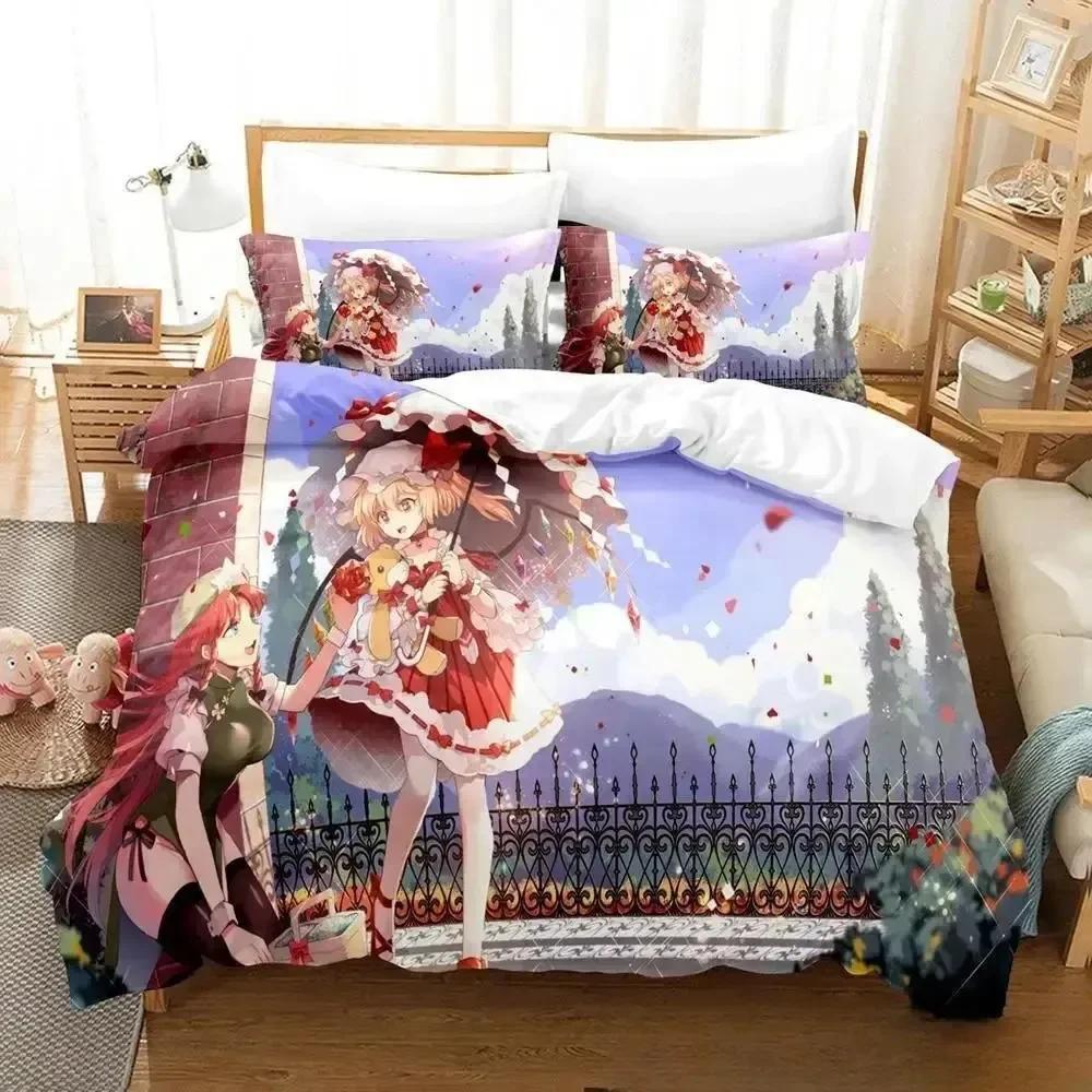 

3D Anime Game Touhou Project Bedding Set Print Bed Set With Pillowcase Bed Duvet Cover Soft Single Double Queen Super King Size EU Single(135*200cm)3pcs