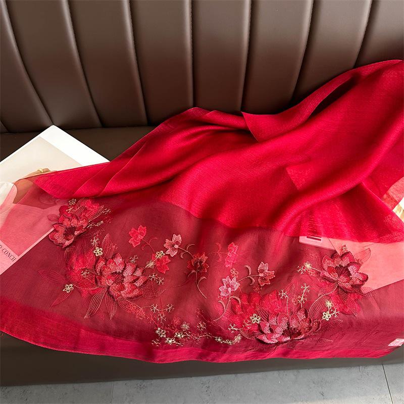 Hand-Embroidered Mulberry Silk Scarf - Elegant Spring & Autumn Shawl