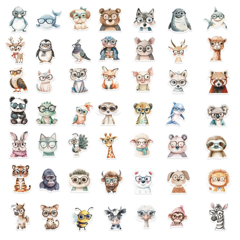 50 Cartoon Animals Wearing Glasses Doodle Stickers Trolley Box Diary Waterproof Stickers