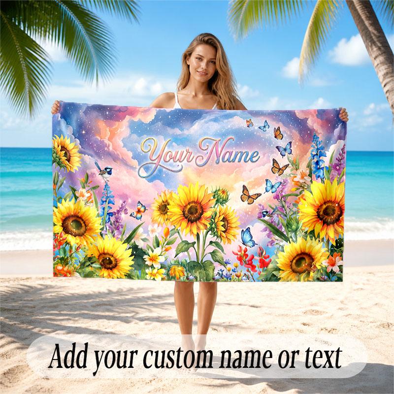 Floral Garden Theme Soft Beach Towel Personalized Custom Name Text Towel Portable for Beach Pool Travel