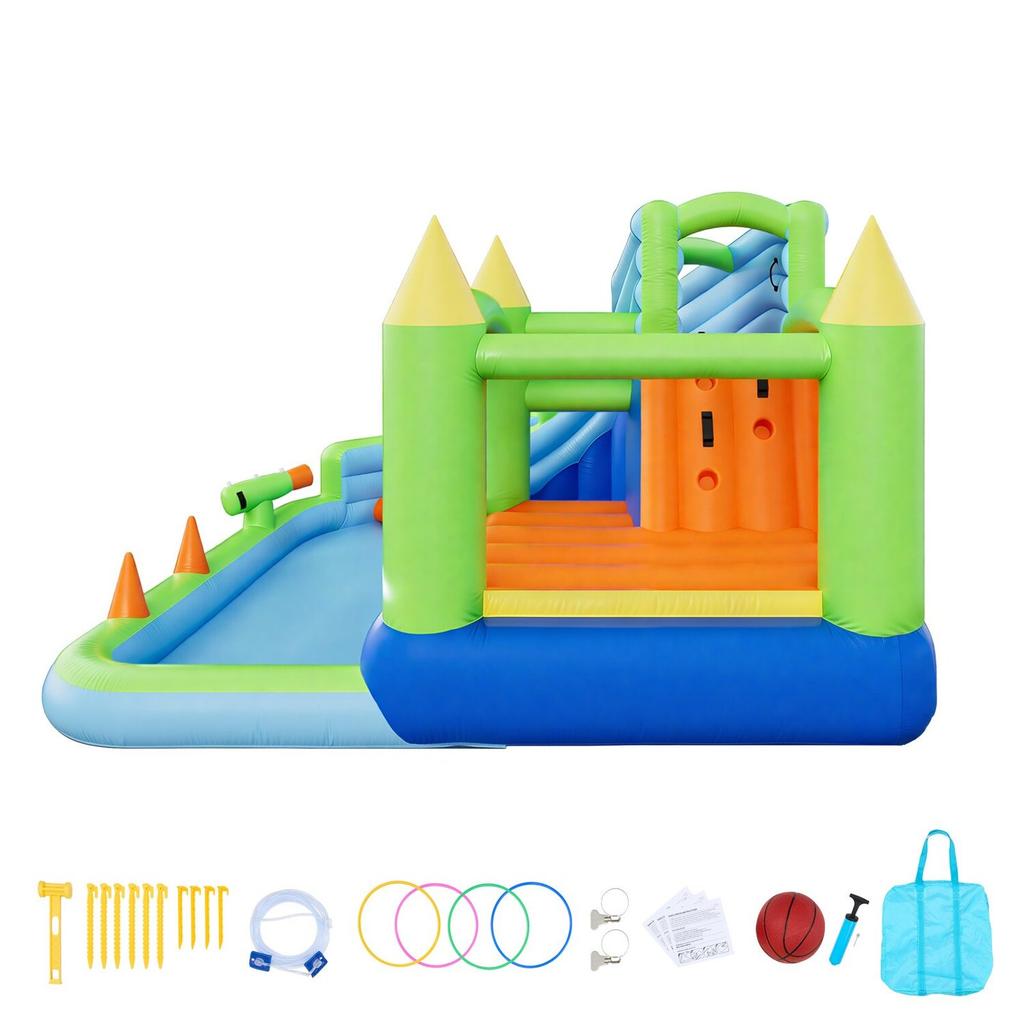 Inflatable Bounce House, 11.3 x 12.3 x 7.0 ft Inflatable Bounce House Water Slide, Bouncer Castle with Castle Bounces, Basketball Hoop, Splash Pool &
