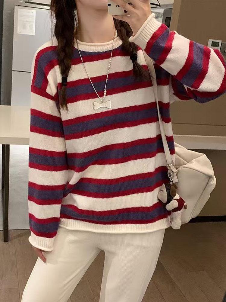 2026 New Academy Style Red Wool Stripe Women's Sweater - Age-Reducing, Warm for Autumn/Winter