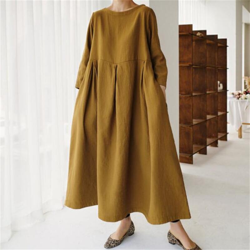 Plus Size Women Loose Cotton Linen Dress Oversized Round Neck Long Dress Elegant Casual Robe Spring Summer Autumn Dresses