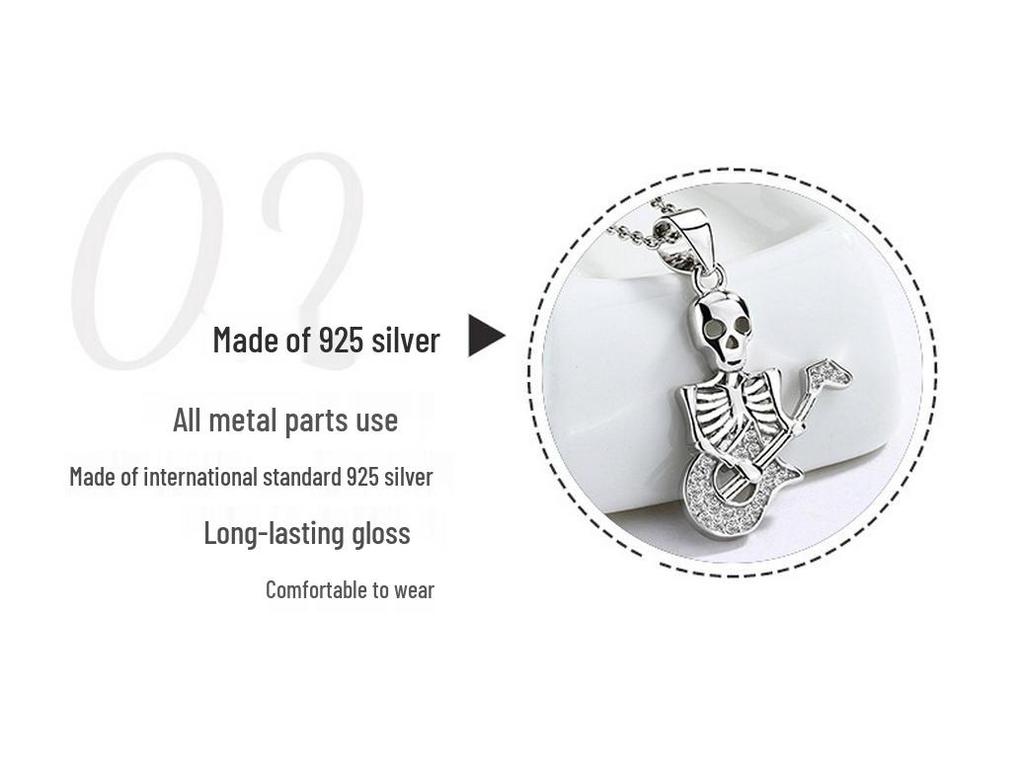 925 Sterling Silver Vintage Skull Guitarist Pendant Necklace - Unisex European American Hip Hop Punk Style Clavicle Chain
