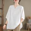 Literary Plus Size Women's Cotton and Linen T-shirt Women's Summer High-end Retro Loose Three-quarter Sleeve Top
