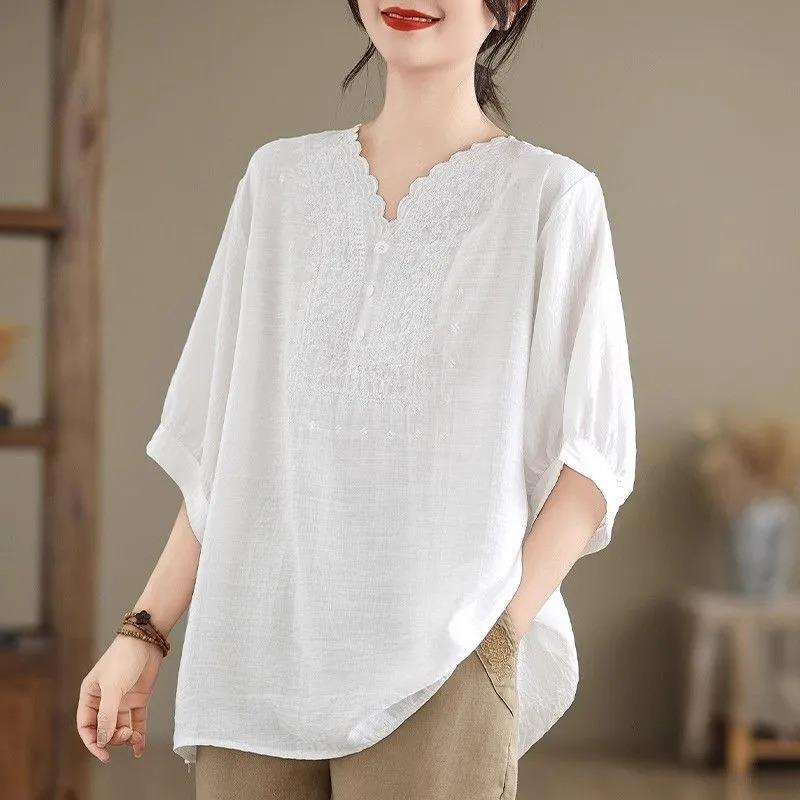 Literary Plus Size Women's Cotton and Linen T-shirt Women's Summer High-end Retro Loose Three-quarter Sleeve Top