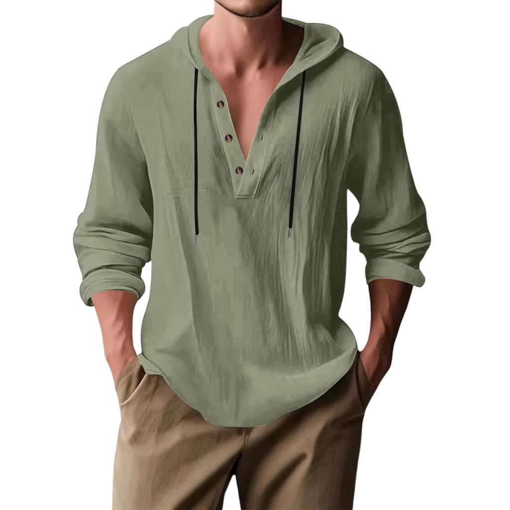 Herren Leinen Langarm Kapuzen Casual Hemd Lockerer Schnitt für Frühling und Herbst