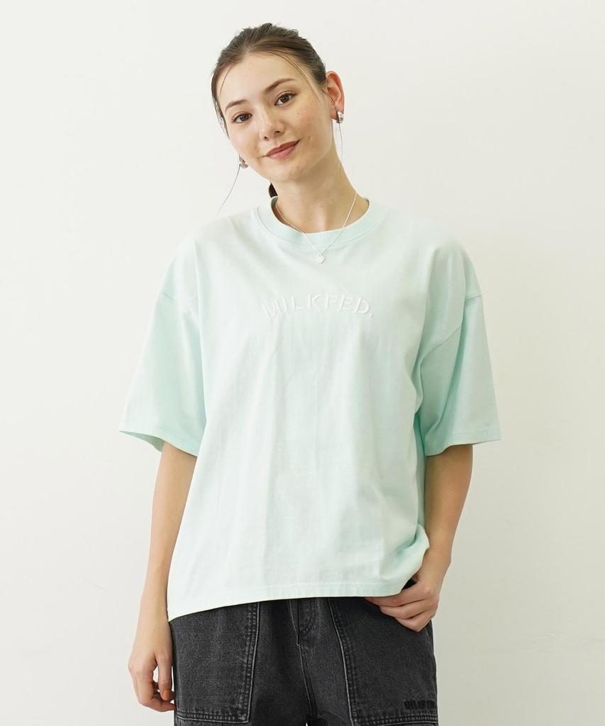 Milkfed Casual Embroidery Arch Stencil Wide Short Sleeve Tee In Light Green Women's