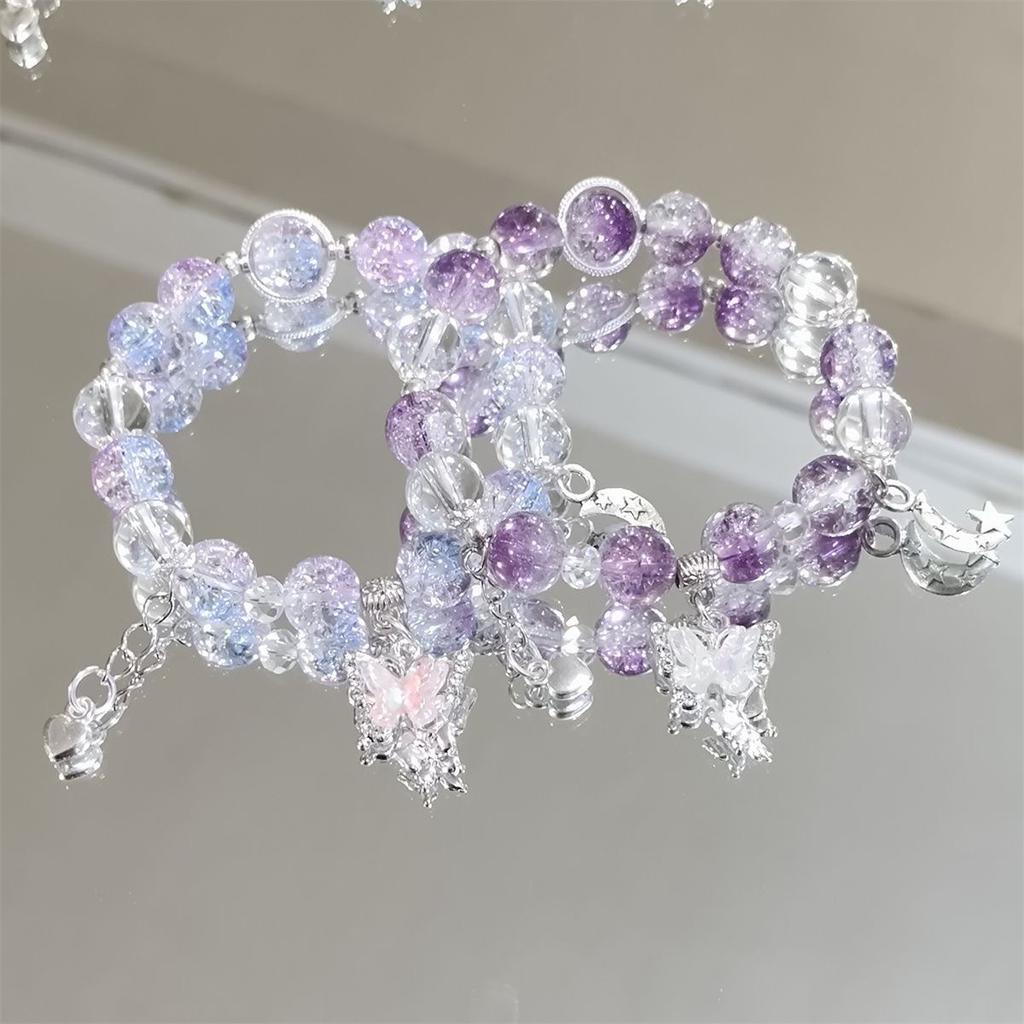 Sweet Purple Crystal Butterfly Bracelet for Women Simple Heart Moon Star Charm Bracelet Popular Fashion Jewelry Holiday Gift