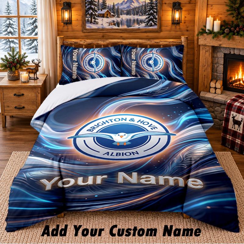 Brighton & Hove Albion Football Pattern Bedding 3Pcs Set Custom Name, Bed Sheet And Pillowcases For Home Bedroom