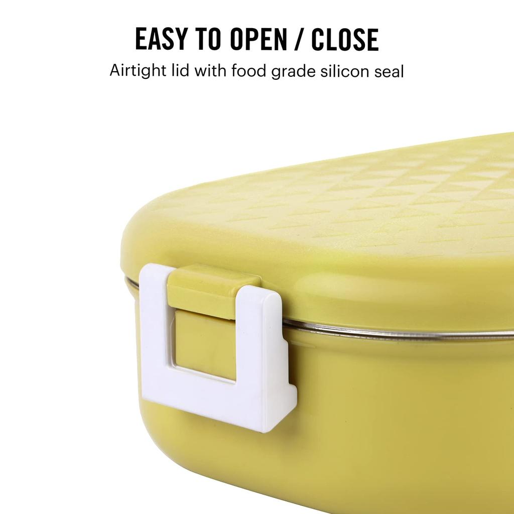Leakproof Steel Lunch Box For Kids With 2 Containers And Side Veg Box In Bright Yellow For School And Outdoor Meals