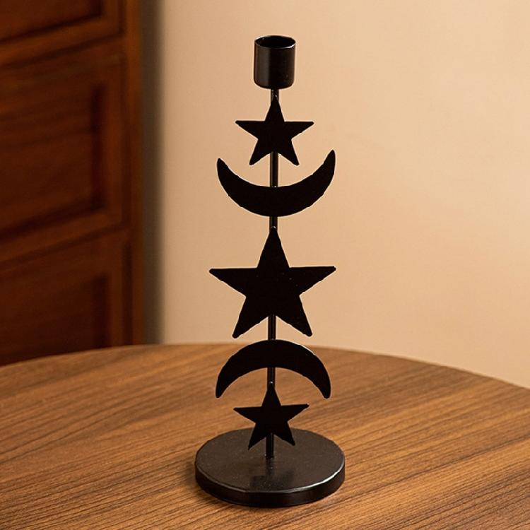 Black Pillar Candle Holder Iron Candlestick Sun Moon Star Metal Candle Stand for Weddings and Festival Table Decoration