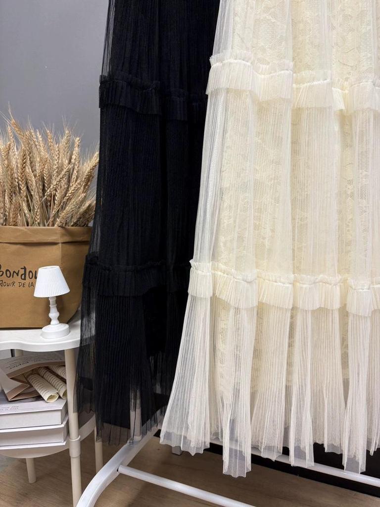 Women's Fairy Embroidered Mesh Midi Skirt - High Waist, Slimming, Fluffy Cake Design for Autumn/Winter