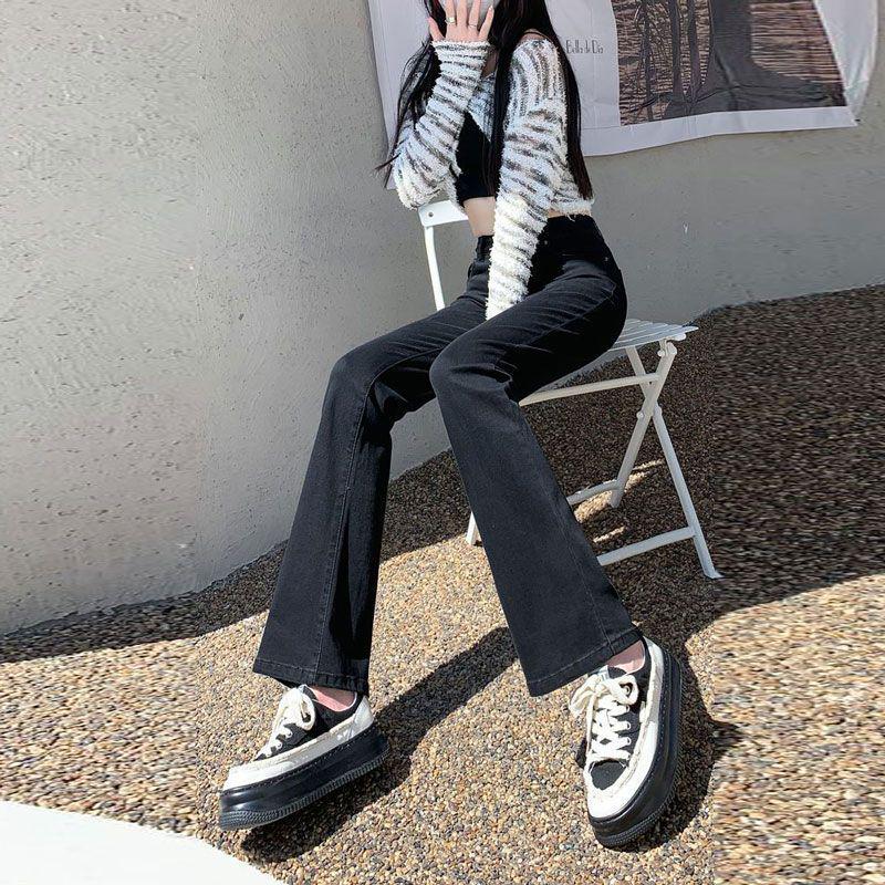 Women's High Waist Black Micro Flare Jeans - Korean Style, Versatile, Elastic, Floor Length Straight Leg for Spring/Summer