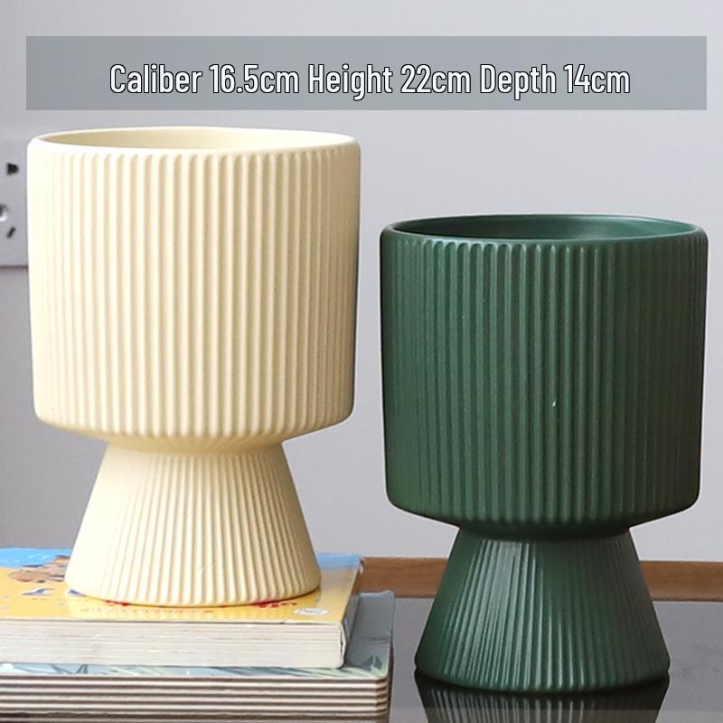 Nordic Ceramic Flower Pot with Tray - High-Footed Vertical Stripes for Indoor/ Balcony, Ideal for Pothos and Orchids.