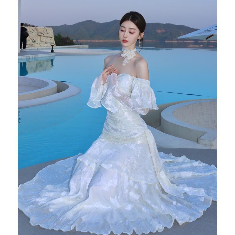 French Mermaid Ji Butterfly Jacquard Dress Lotus Leaf Edge Long Sleeve Light Luxury Dress