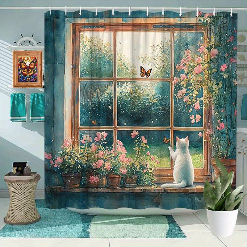 

White Cat & Pink Flowers Shower Curtain - Watercolor Butterfly Garden, Polyester, 70.8X70.8 Inches, 12 Hooks, Bathroom Decor W60H190(CM)-1 Pcs