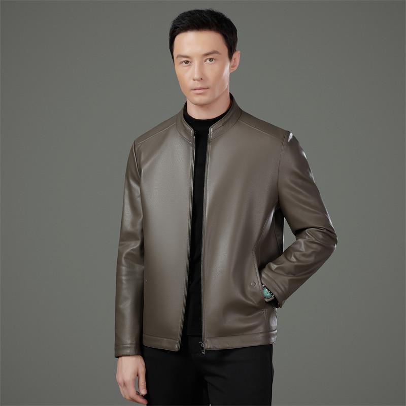 Men's Middle-Aged Business Casual Sheepskin Leather Jacket with Stand Collar and Plus Velvet Lining