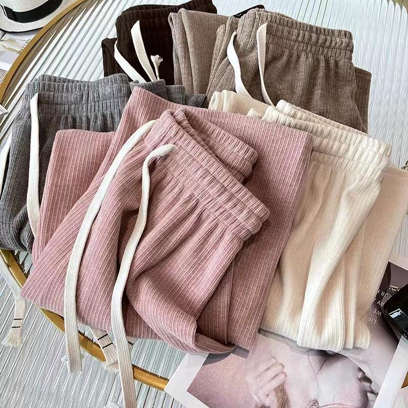 Women's Cream Cashmere Wide-Leg Knit Pants - High Waist, Floor-Length, Solid Color, Autumn/Winter