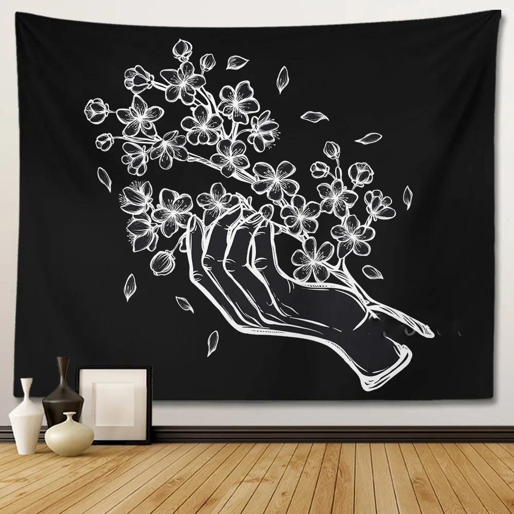 Black and White Moon Hands Tapestry Polyester Witchy Wall Hanging Mystic Gothic Decor for Bedroom Living Room Dorm Background