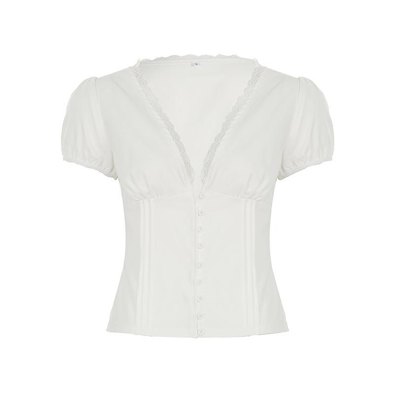 Women French Lace Trim V-Neck Blouse - Puff Sleeve Button Corset Crop Top, Slim Fit White S