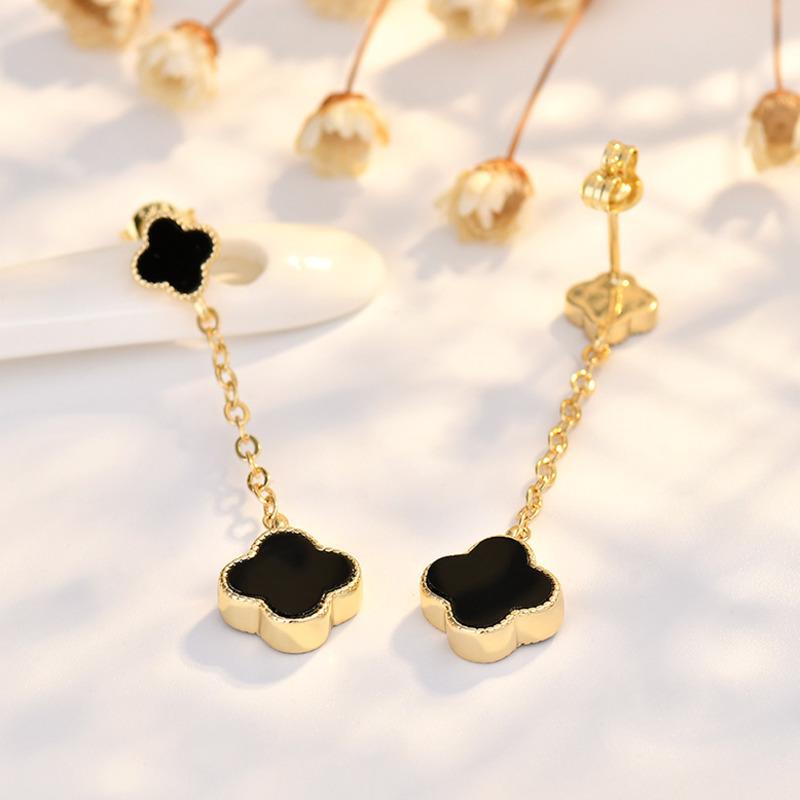 BELLA BOX S925 Sterling Silver Needle Double-sided Black Agate Four-leaf Clover Earrings, Women's Light Luxury And High-end Gold Earrings