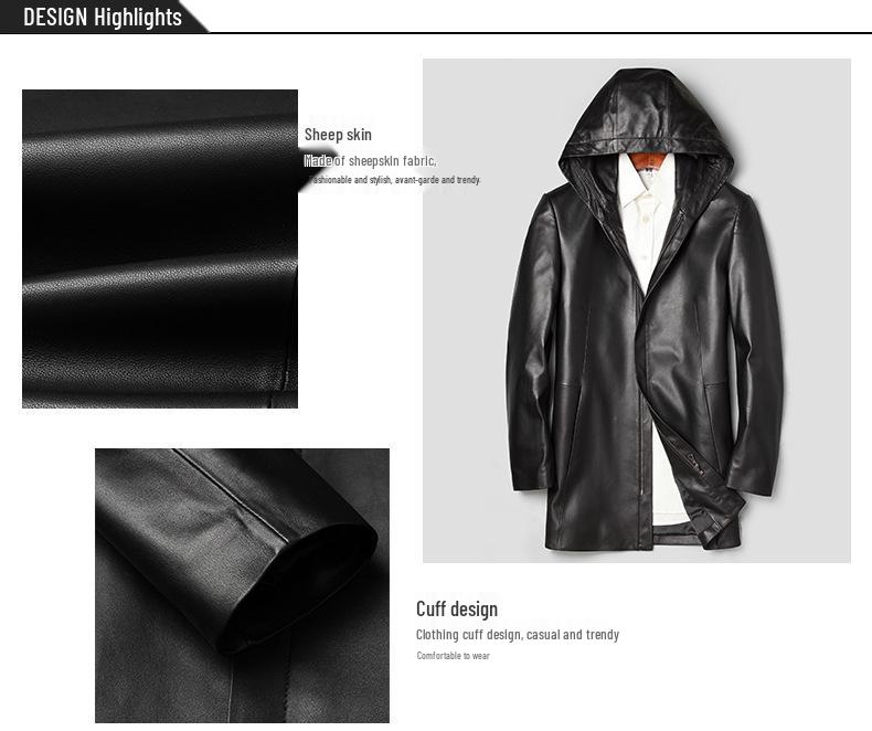 Men's Genuine Lambskin Hooded Leather Jacket, Slim Fit, Mid-Length Outerwear