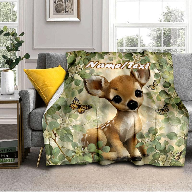 1PC Custom Name Baby Deer Nature Outdooor Flannel Blankets Throw Blanket All-Season Throw Gift Bedspread for Couch, Bed, Camping Holiday Birthday Gift